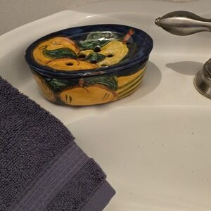 Hand Painted Ceramic Soap Dish Oval 2-Piece Draining Fruit Lemons Pears Majolica